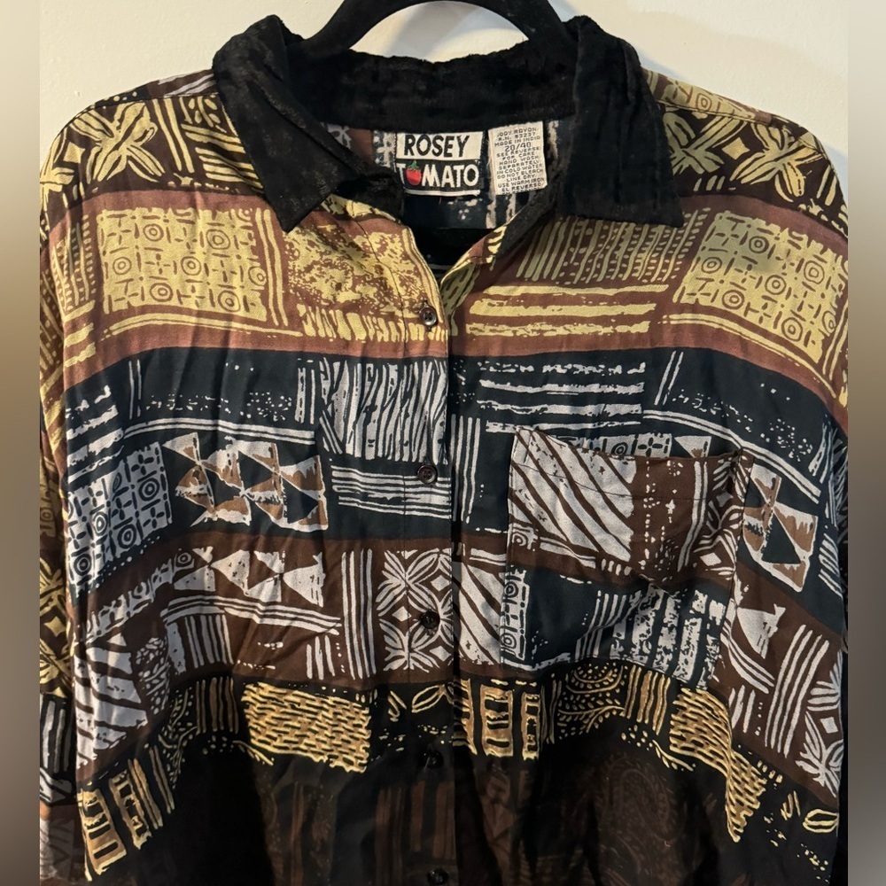 VTG Tribal Boho Velvet Collar Button Up Blouse High Lo Style 90’s Oversized Plus - Picture 8 of 12